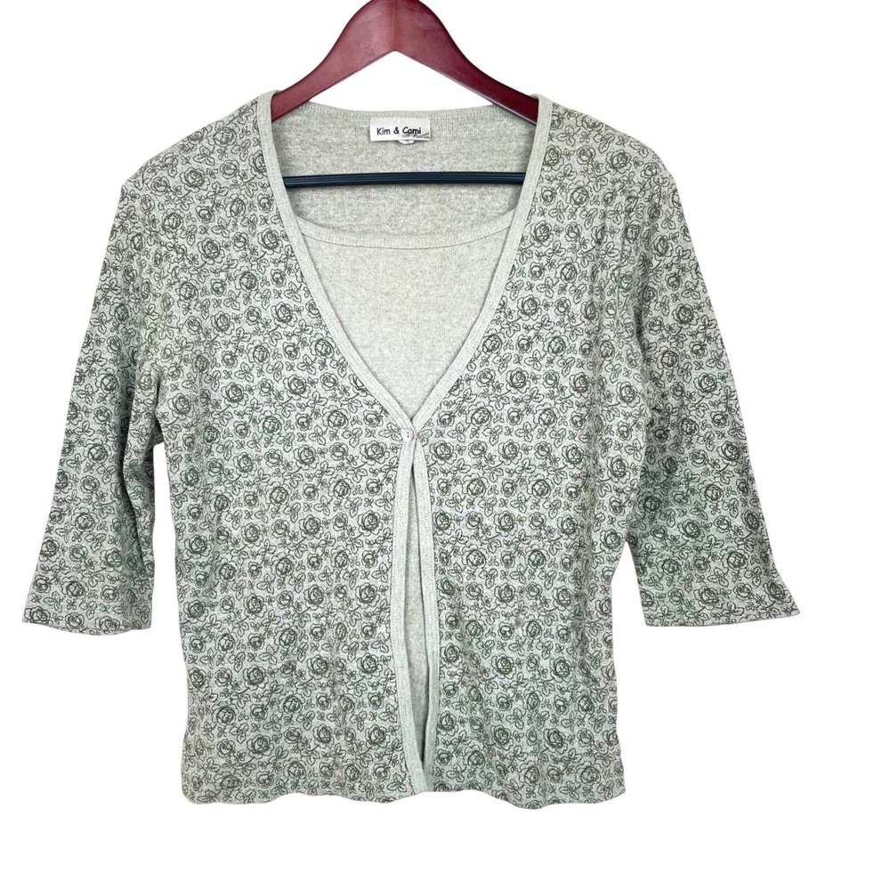 Y2K 90s Womens Top Sz M Cottage Faux Twin Set Preppy Fairy Cotton Twee Floral